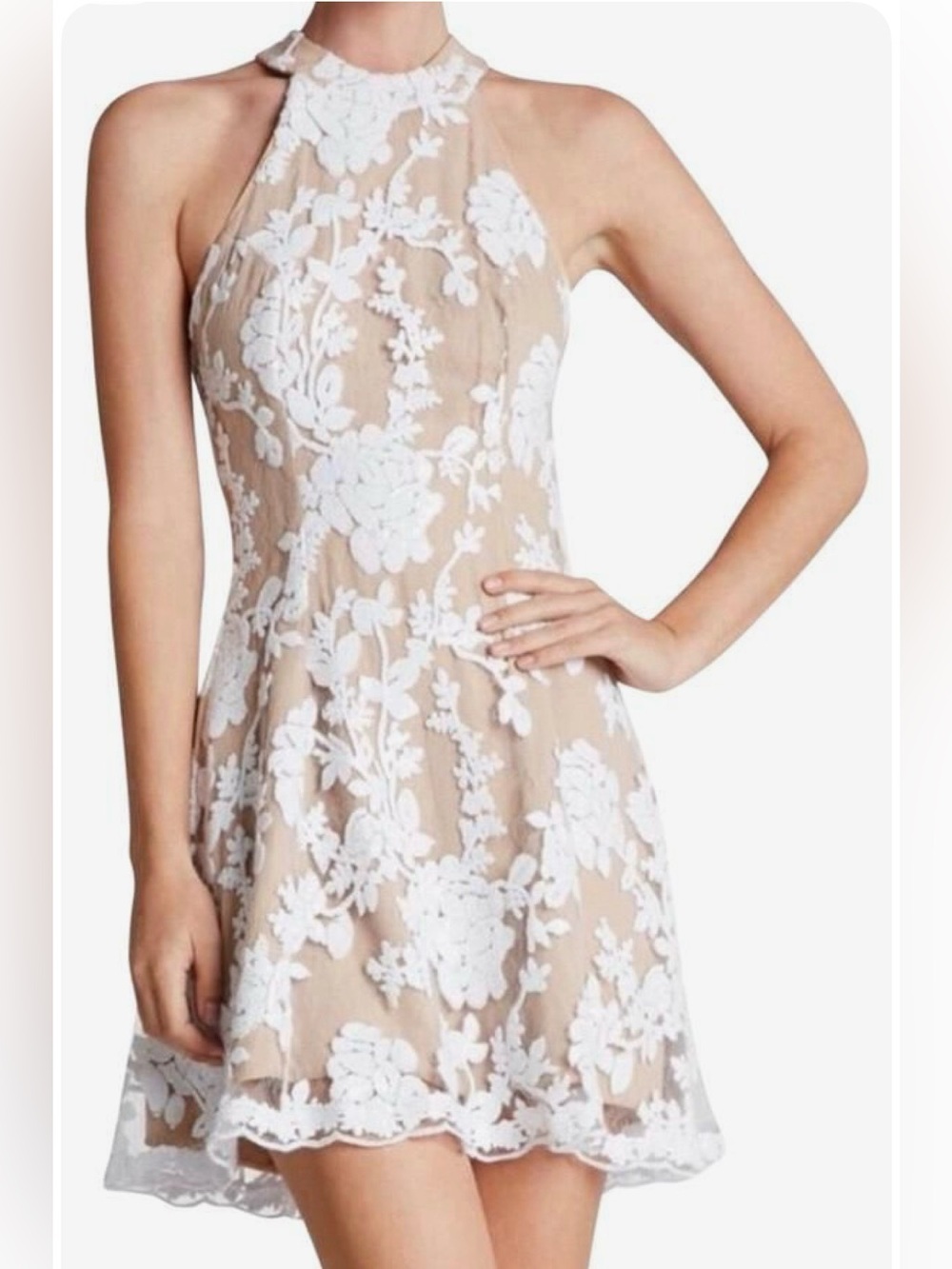 Dress the Population Abbie Halter Dress in White and Nude